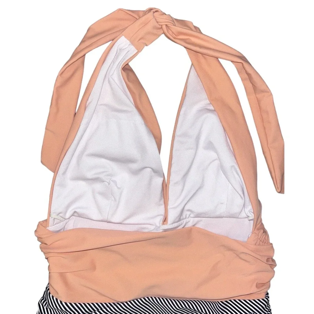 Cupshe Women's One Piece‎ Swimsuit Medium Ruching Peachy Pink Navy/White Striped